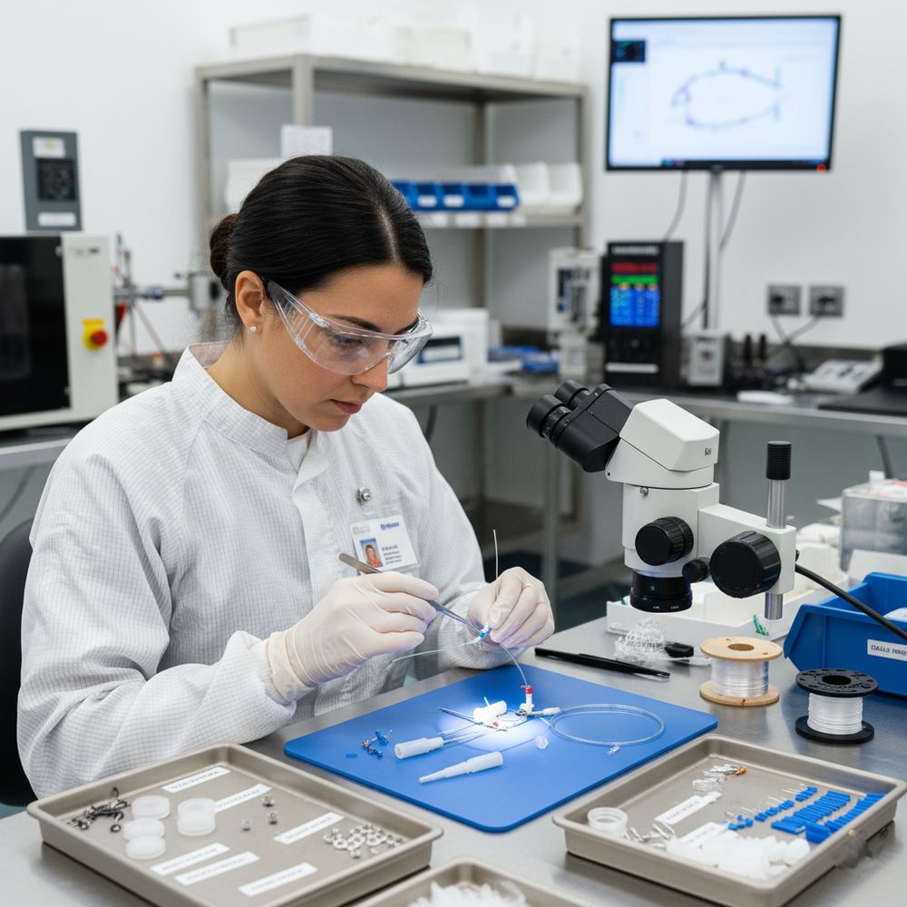 Engineer assembling a catheter under a microscope