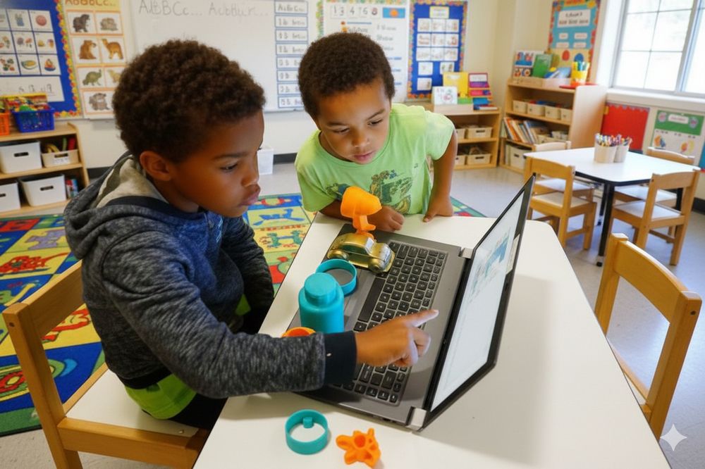 Two children learning engineering on a laptop